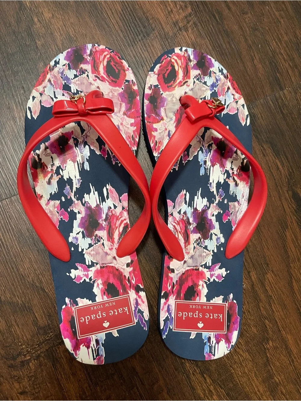 KATE SPADE Nova Floral Print Flip Flops Flat Sandals Navy Red Thongs Size 7-8 M